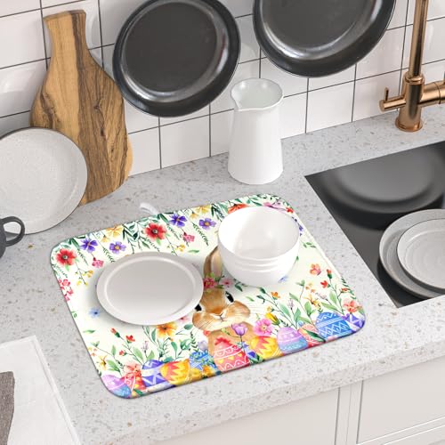 Easter Rabbit Dish Drying Mat Spring Flower Dish Drainer Rack Mats 16x18 inch Absorbent Microfiber Fast Dry Pad Kitchen Counter Accessories