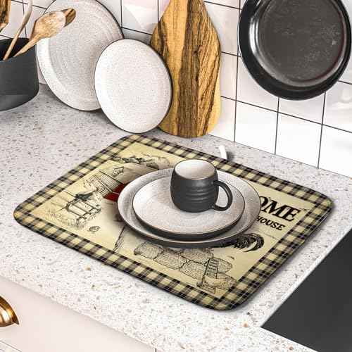 Farmhouse Rooster Dish Drying Mat 16x18 Inch Country Chicken Absorbent Dish Drainer Mat Reversible Countertops Protector Pad Kitchen Accessories