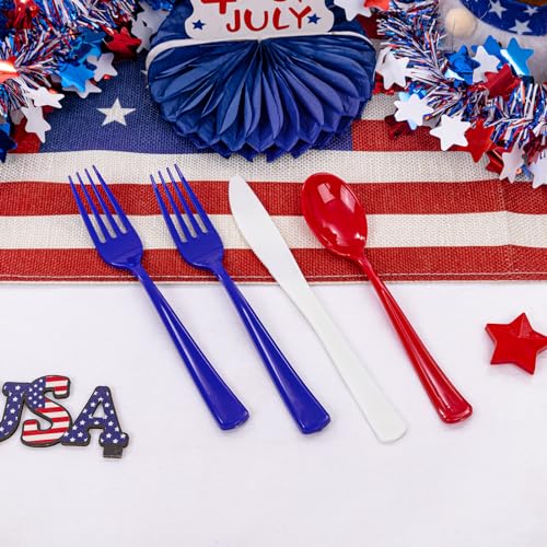 200Pcs 4th of July Red Blue Disposable Plastic Silverware (200 Count)