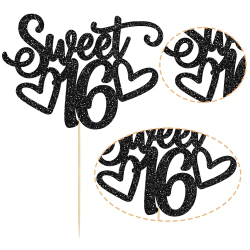 1Pc Sweet Teenager 16 Cake Topper Glitter 16th Birthday Cake Pick for Cheers to 16 Years Old 16th Birthday Party Cake Decorations Supplies Black