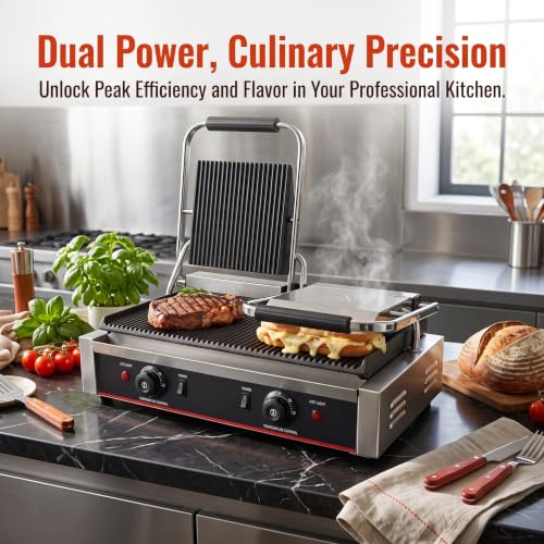 Commercial Panini Press With Grooved Grill Sandwich Maker Machine Electric Contact Grill Single