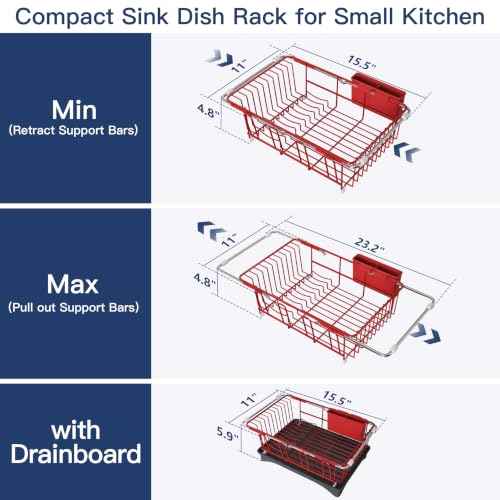 Red Dish Drying Rack in Sink with Drainboard and Utensil Holder