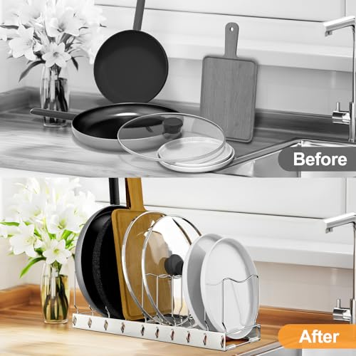 2 Pack 10 Tier Pan Organizer Adjustable Lid Organizer Kitchen Organizers and Pan Organizer and Storage Pot Heavy Duty Pot Lid Organizer for Kitchen Under Sink Storage Drawer (2 Count)