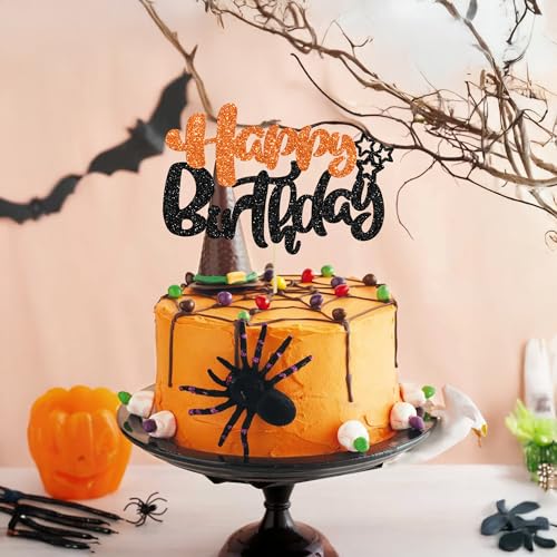 1Pcs Happy Birthday Cake Topper Glitter Happy Birthday Cake Pick for Halloween Baby Shower Theme Anniversary Party Cake Decorations Supplies Black Orange