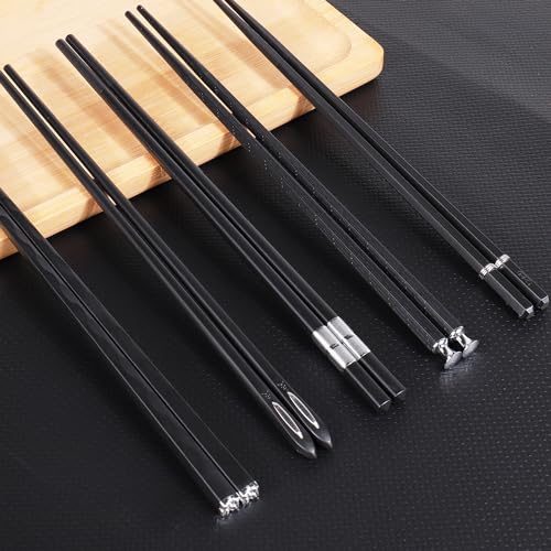 5 Pairs Premium Chopsticks Reusable Dishwasher Safe 9.5 Inch Fiberglass Chop Sticks Gift Set Non Slip Black + Silver