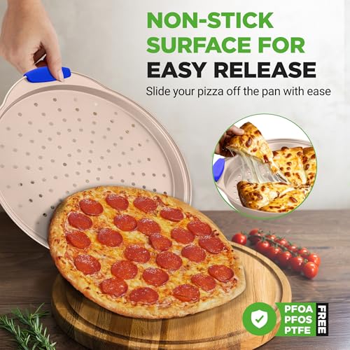 13-Inch Non-Stick Pizza Tray - with Silicone Handle, Round Steel Non-stick Pan with Perforated Holes, Premium Bakeware, Pizza Tray with Extended Handles, Dishwasher Safe - Champagne Gold