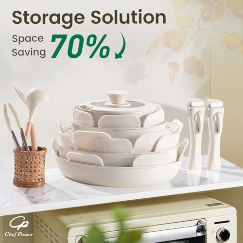 Ceramic Nonstick Pots and Pans Set 19 Piece with Detachable Handle