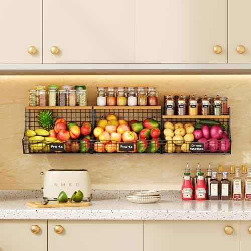 3 Pack Extra Large Fruit Basket for Kitchen with Wood Lid Nameplate (3 Count)