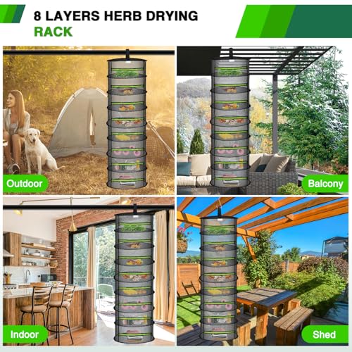 8 Layer Herb Drying Rack Hanging Mesh Foldable Plant Drying Racks 24" w Green Zipper Pruning Shears Gloves Dryer Hanging Rack for Herbs Seed Bud Fruit Clothes Grow Tent Closets Garden Outdoor