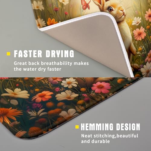 Easter Bunny Dish Drying Mat Flower Butterfly Kitchen Drainer Mat 16x18 inch Absorbent Reversible Dish Rack Pad for Counter Tabletop Decor