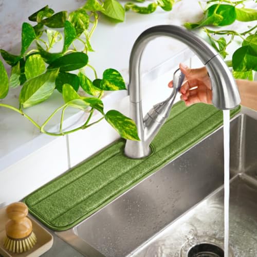 Original SINKMAT 24in XL Faucet Splash Guard Extra Long Microfiber Sink Drip Catcher Mat Non Slip Countertop Protector Drying Pad Kitchen Bathroom RV Machine Washable [Moss Green]