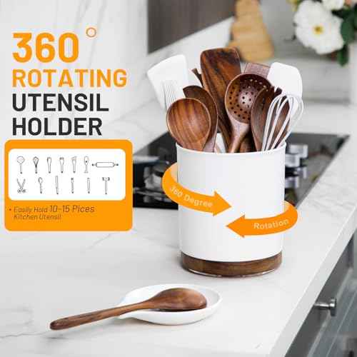 Ceramic Rotating Utensil Holder with Spoon Rest for Kitchen Counter White