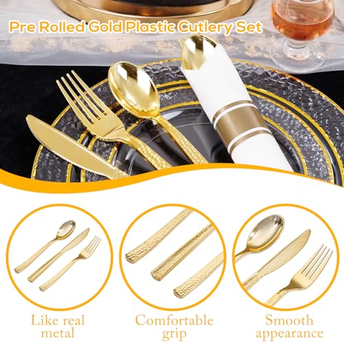 400PCS Gold Wrapped Silverware Set Disposable Hammered for Weddings (400 Count)