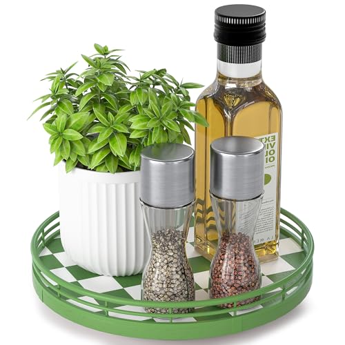 Green and White Checkerboard Lazy Susan with Rubberwood Base and Metal Rail