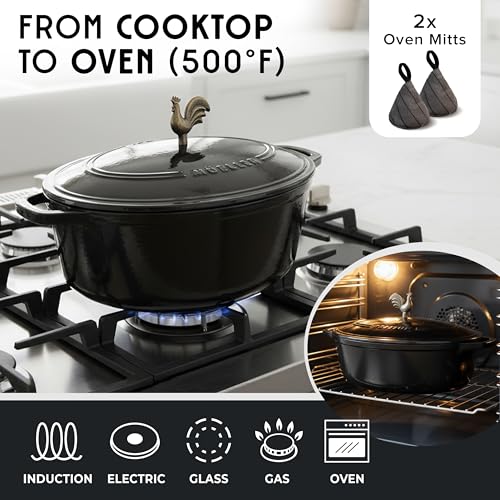 MUELLER HOME 5.5 Quart Enameled Cast Iron Oval Dutch Oven with Rooster Knob & Cotton Potholders