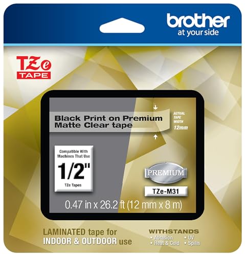 P-Touch TZe-M31 Black Print on Premium Matte Clear Laminated Tape 12mm (0.47”) Wide x 8m (26.2’) Long, TZEM31 (26.2 Foot)