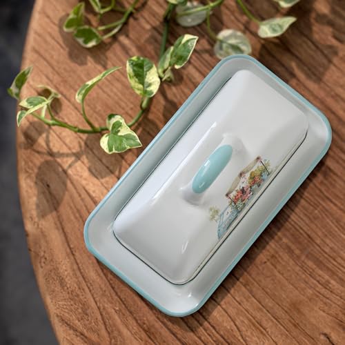 Enamel Butter Dish with Lid Vintage Enamelware Butter Keeper with Flower and Bird Patterns Farmhouse Butter Container Butter holder for Countertop Kitchen Decor
