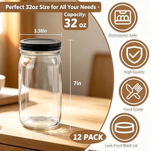 32 OZ Glass Jars with Lids Set of 12 (32 Ounce)