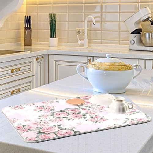 Floral Pink Roses Bouquets Dish Drying Mat for Kitchen Counter Absorbent Microfiber Drying Pad