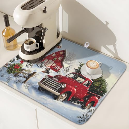 Red Truck Dish Drying Mat Winter Xmas Tree Drainer Rack Pad 16"x18" Microfiber Absorbent Quick Dry Dish Sink Mat for Table Kitchen Counter