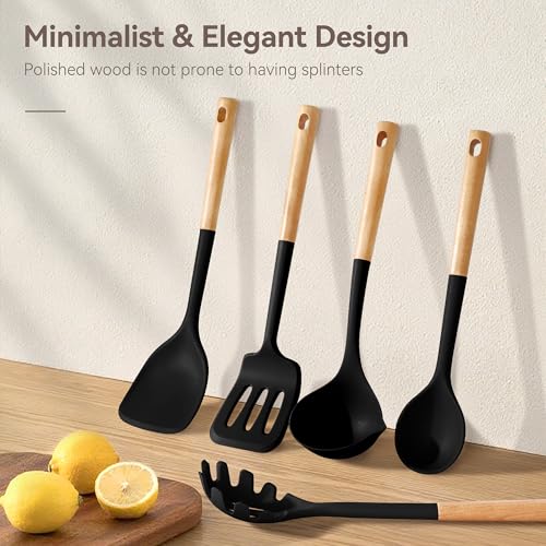 6 Pcs Silicone Kitchen Utensils Set Wood Handle BPA (6 Count)