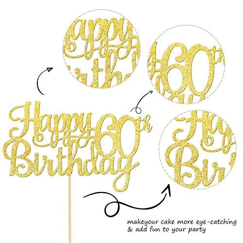 1 PCS Happy 60th Birthday Cake Topper Gold Glitter Cheers to 60 Years Birthday Cake Pick 60 Fabulous Cake Decoration for Happy 60th Birthday Anniversary Party Decorations Supplies