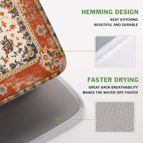 Ethnic Boho Dish Drying Mat Rust Coral Floral Decorative Dishes Pad 16x18 Inch Absorbent Fast Dry Drainer Rack Mats for Kitchen Countertop