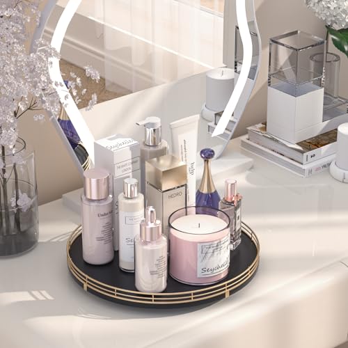 13 Inch Oak Lazy Susan Vanity Tray with Gold Metal Rail