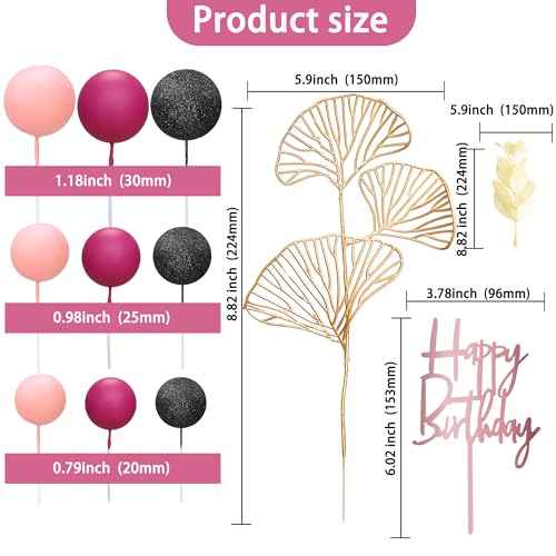 57Pcs Balls Cake Topper Boho Grass Cake topper Pearl Balls Acrylic Happy Birthday Cake Decorations for Wedding Baby Shower Birthday Boho Themed Party Supplies Black Pink Rose Red (57 Count)