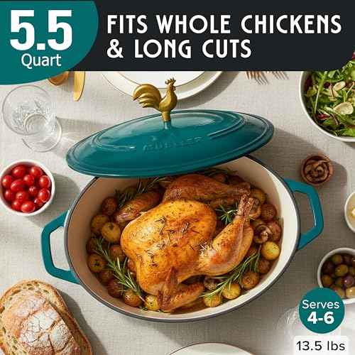 MUELLER HOME 5.5 Quart Enameled Cast Iron Oval Dutch Oven with Rooster Knob and Cotton Potholders