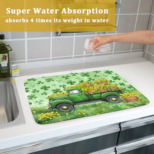 Holiday Dish Drying Mat for Kitchen Counter（Green Lucky Truck）