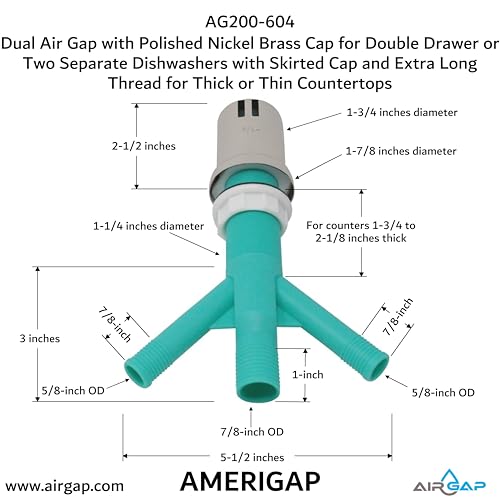 Dual Air Gap with Polished Nickel Brass Cap for Double Drawer or Two Separate Dishwashers with Skirted Cap and Extra Long Thread for Thick or Thin Countertops