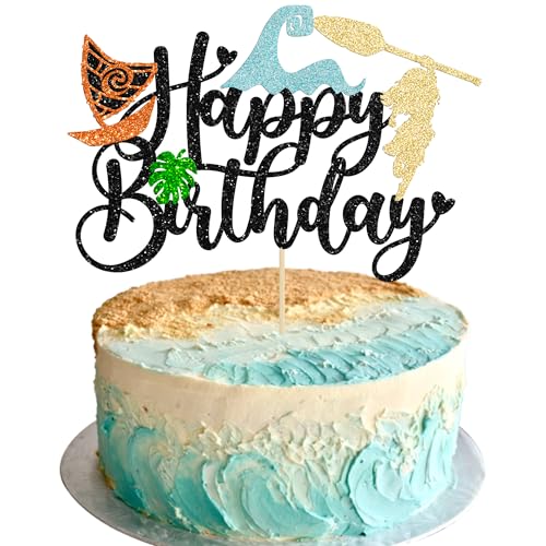 1Pcs Summer Cake Topper Glitter Tree Flower Happy Birthday Cake Pick Decoration for Tropical Hawaiian Luau Theme Baby Shower Kids Birthday Party Cake Decorations Supplies Black