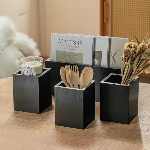 Silverware Caddy Black Wood Silverware Holder Paper Plate Dispenser