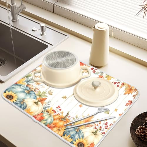 Thanksgiving Dish Drying Mat for Kitchen Counter Absorbent Microfiber Pumpkin Sunflower Fall Autumn Large Drying Pad Dish Mats for Kitchen Countertops 18 x 24 Inch