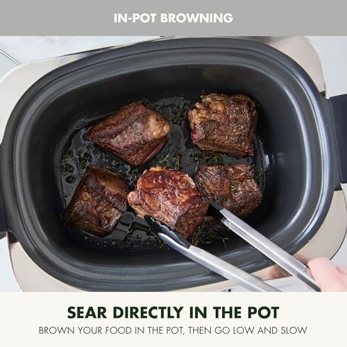 Elite 14-in-1 Nonstick 6QT Electric Slow Cooker, PFAS-Free Ceramic Multi-Cooker, In-Pot Browning, Dishwasher Safe Lid & Removable Crock, Stainless Steel Steamer, Silicone Handles, White