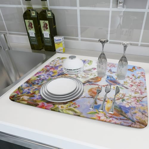 Floral Birds Dish Drying Mat Spring Decoration Absorbent Dish Drain Cloth Mat 18 X 24 for Kitchen Coffee Bar