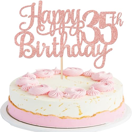 1 PCS Happy 35th Birthday Cake Topper Glitter Cheers to 35 Years Birthday Cake Pick 35 Fabulous Cake Decoration for Happy 35th Birthday Theme Party Decorations Supplies Rose Gold