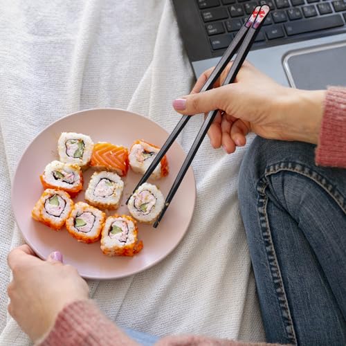 5 Pairs Premium Chopsticks Reusable Dishwasher Safe 9.5 Inch Fiberglass Chop Sticks Gift Set Hexagon Black Non Slip with the Printed Tops (5 Count)