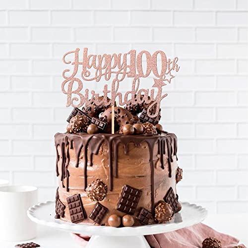 1 PCS Happy 100th Birthday Cake Topper Glitter Cheers to 100 Years Cake Pick Number 100 Fabulous Cake Decoration for 100th Birthday Theme Party Decorations Supplies Rose Gold