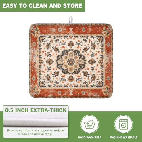 Ethnic Boho Dish Drying Mat Rust Coral Floral Decorative Dishes Pad 16x18 Inch Absorbent Fast Dry Drainer Rack Mats for Kitchen Countertop