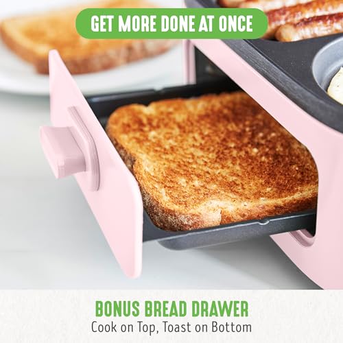 3-in-1 Breakfast Maker Station, Healthy Ceramic Nonstick Dual Griddles for Eggs Meat Sausage Bacon Pancakes and Breakfast Sandwiches, 2 Slice Toast Drawer, Easy-to-use Timer, Pink