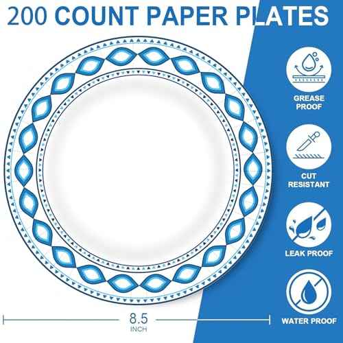 200 Pack 8.5 Inch Disposable Heavy Duty Blue Printed Paper Plate (200 Count)