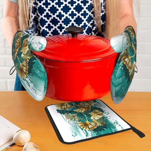 Teal Gold Green Leaves Oven Mitts and Pot Holders Set of 3 (3 Count)