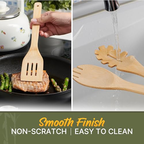 Bamboo Cooking Utensils Set 7 Pcs with Holder (8 Count)