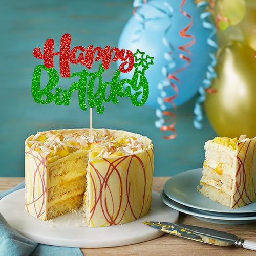 1Pcs Happy Birthday Cake Topper Glitter Happy Birthday Cake Pick for Christmas Theme Baby Shower Anniversary Party Decorations Supplies Red Green