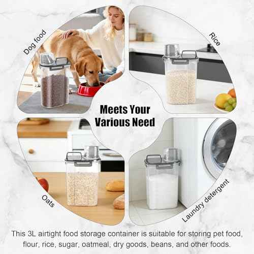3-5Lbs/3Qt Dog Cat Food Storage Container With Foldable Bowl. Plastic Pet Food Dispenser for Small Animal Kibble/Pet Food/Bird Seed/Oatmeal/Rice/Flour/Brown Sugart/Cereals (Clear Black)