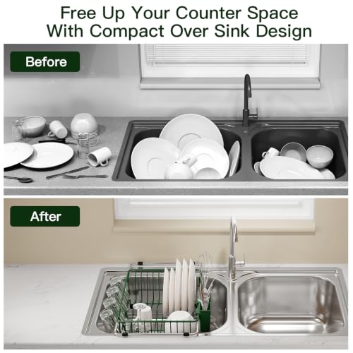 Green Expandable Dish Drying Rack Over Sink with Extra Drainboard