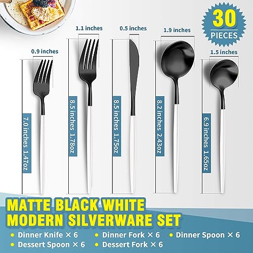 Matte Black White Silverware Set for 6 (30 Count)