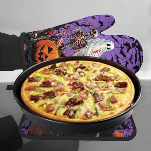 Halloween Pumpkin Oven Mitts and Pot Holder Set of 2 Spooky Ghost Bat Heat Resistant Kitchen Gloves Hot Pad for Baking Cooking Grilling BBQ